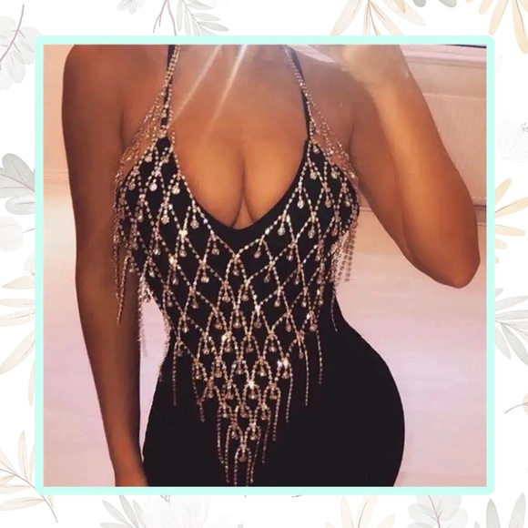 🌸 FRINGE DIAMOND NECKLACE FESTIVAL BIB CHUNK DIVA CHIC CLUB PARTY  TASSEL - Picture 1 of 6